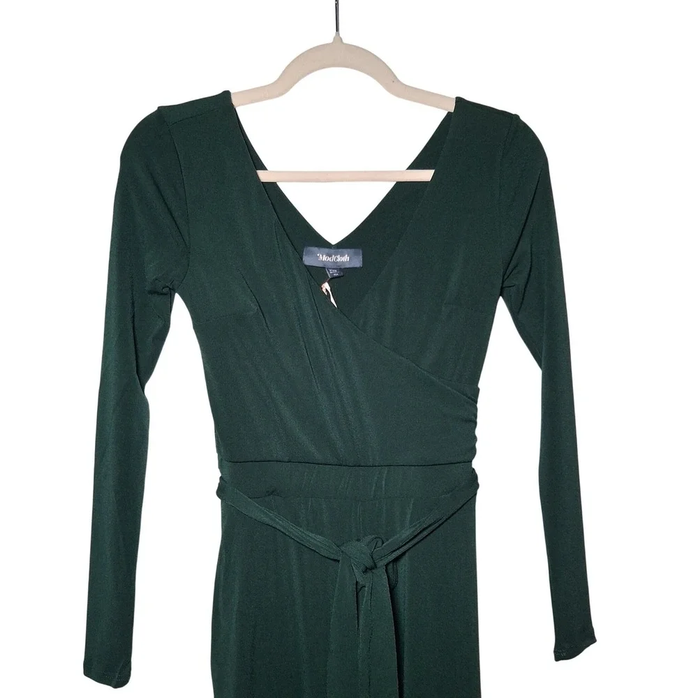 NWT ModCloth Dark Green Surplice Long Sleeve Wide Leg Jumpsuit XXS‎ Retro Party